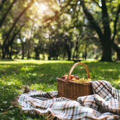 Picnic in a sunny park scene with lush green grass, a basket, and a blanket, ample space for message