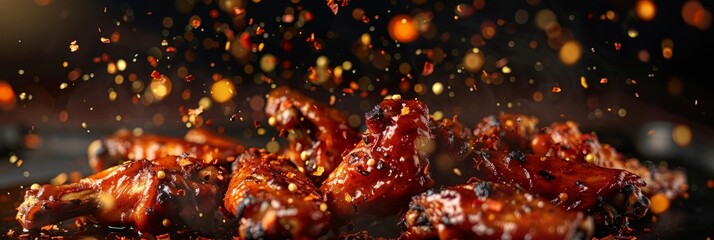 Fried juicy chicken wings, delicious juicy chicken wings with spices and sauce close-up, banner - obrazy, fototapety, plakaty