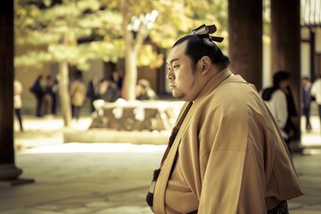 Fototapeta premium profile of a sumo wrestler in traditional dress, walking toward the dohyo