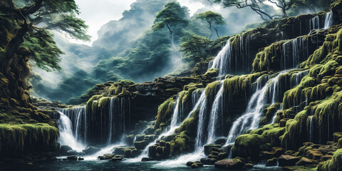Scene Setting. Majestic waterfall cascading down a rocky cliff