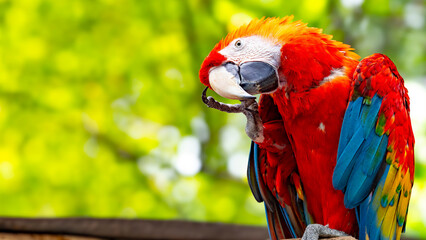 Close up of colorful scarlet macaw parrot. Brazilian red macaw looking at the camera