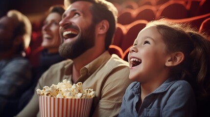 Father and child share laughter while watching a family movie, enjoying precious moments filled with joy, bonding, and togetherness.

