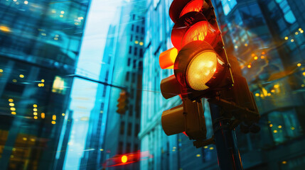 Traffic light in the central area of the business and financial city. Copy space. Blurred background - obrazy, fototapety, plakaty