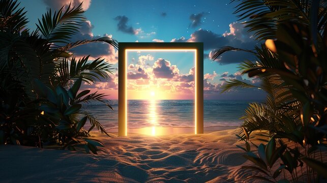Door to the sea. Illuminated square frame on beach sand and palm avenue