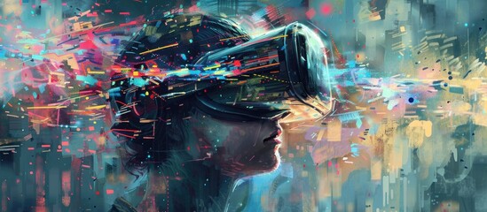 A painting depicting a person wearing a virtual reality headset, immersed in a digital world. The individuals expression is focused and engaged as they interact with the virtual environment. - obrazy, fototapety, plakaty