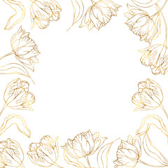 Golden line art tulips spring flower square banner wreath.Vector hand drawn illustration for card or invitations, wedding design, scrapbook