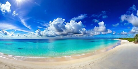 Beautiful beach with white sand, turquoise ocean water and blue sky with clouds in sunny day....