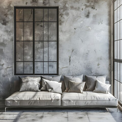 Minimalist loft luxury home interior design of modern living room in villa. Sofa against grid window and grunge stucco wall. 3d render.