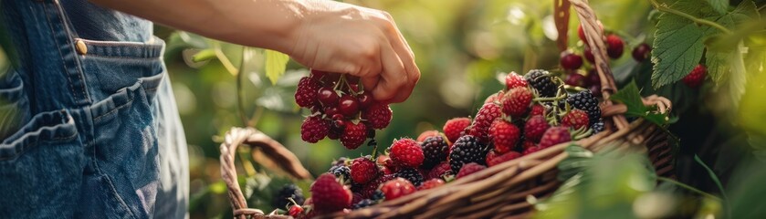 Fresh berry picking, farm baskets, summer harvest, text space left