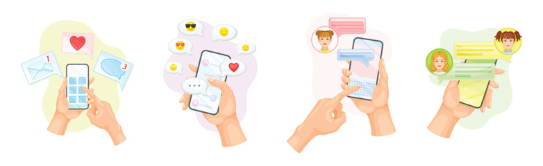 Hand with Smartphone Device Use Chat App Have Social Communication Vector Set