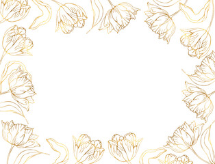 Golden line art tulips spring flower horizontal banner wreath.Vector hand drawn illustration for card or invitations, wedding design, coloring book.