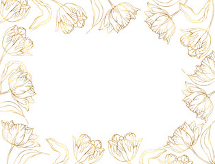 Golden line art tulips spring flower horizontal banner wreath.Vector hand drawn illustration for card or invitations, wedding design, coloring book.