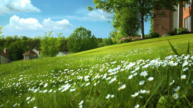 Lush suburban landscape under blue skies, dotted with daisies and a sense of calm