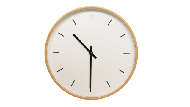 Isolated on white background Minimalist style wooden wall clock, showing time at 10:30 or 22.30.