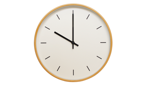 Isolated on white background Minimalist style wooden wall clock, showing time at 10:00 or 22.00.