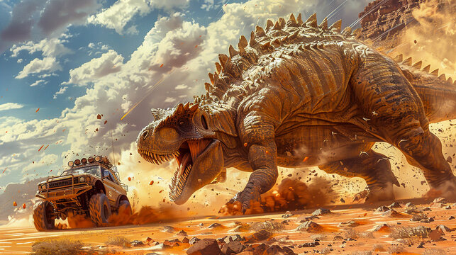 A fantasy illustration of a desert chase where an offroad vehicle races against time dodging the colossal legs of dinosaurs that stride majestically across the wilderness
