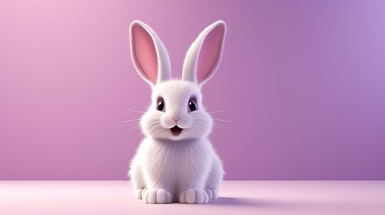 a cute 3d cartoon easter bunny on a light purple background, space for copy