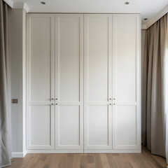 White wooden wardrobe in scandinavian style interior design of modern bedroom. 3d render.