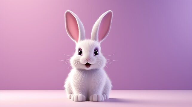 a cute 3d cartoon easter bunny on a light purple background, space for copy