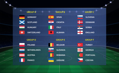 European tournament 2024 all groups. Soccer cup broadcast graphic template - obrazy, fototapety, plakaty