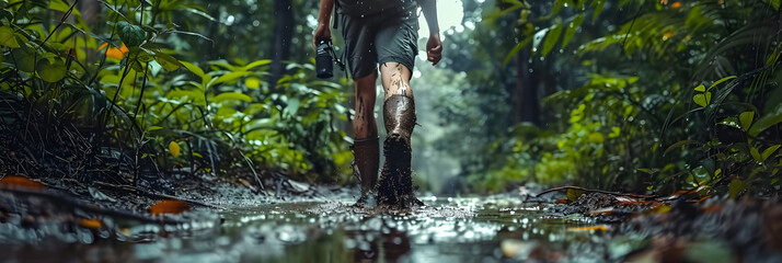 A man walking through mud in the middle of the jungle in rainy weather - obrazy, fototapety, plakaty