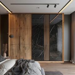 Wooden wardrobe with black marble doors in scandinavian style interior design of modern bedroom. 3d render.