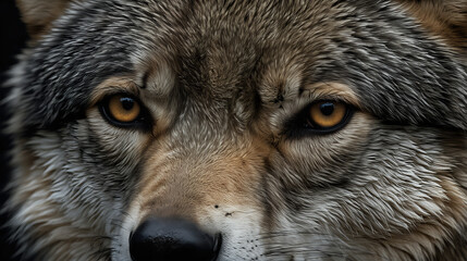 a close-up of a wolf's face, highlighting the intense and captivating golden eyes set against the...