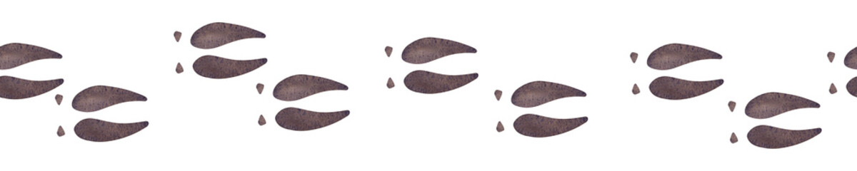 Seamless border elk animal footprint. Footpath track hoof of deer. Brown paw wild animal footprint. Hand drawn watercolor illustration isolated on white background. For printing, advertising, design