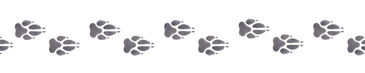 Seamless border animal footprint. Track of wild wolf, fox, dog. Gray paw print. Hand drawn watercolor illustration isolated on white background. For printing postcards, textile, clothes, fabrics - obrazy, fototapety, plakaty