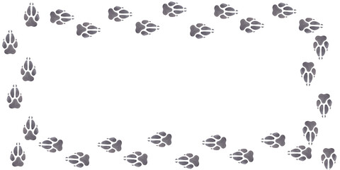 Banner frame animal footprint. Track of wild wolf, fox, dog. Gray paw print. Hand drawn watercolor illustration isolated on white background. For printing postcards, textile, clothes, fabrics