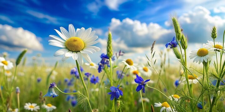 Beautiful field meadow flowers chamomile, blue wild peas in morning against blue sky with clouds, nature landscape, close-up macro. Wide format, copy space. Delightful pastoral airy artistic image