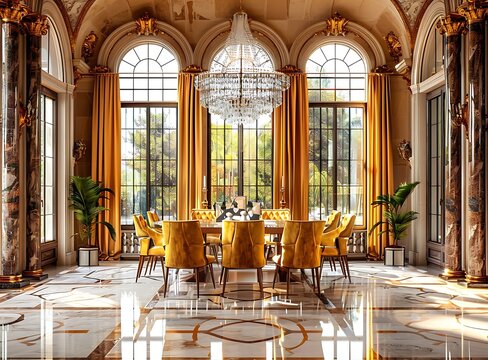 A luxurious dining room in an old European mansion with large windows, marble floors and yellow chairs, featuring classic Italian design elements, high resolution photography