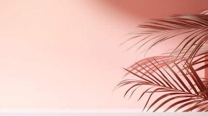 Fototapeta na wymiar Blurred shadow from palm leaves on the light pink wall. Minimal abstract background for product presentation. Spring and summer.