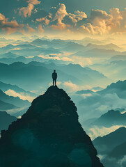 Man Standing on Mountain Peak during Evening - obrazy, fototapety, plakaty