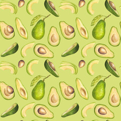 Avocado seamless pattern. Fruit half with seed core, sliced pieces, green leaves. Botanical vegetable clipart. Hand drawn watercolor illustration background. Template for postcard, print packaging