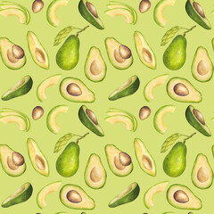 Avocado seamless pattern. Fruit half with seed core, sliced pieces, green leaves. Botanical vegetable clipart. Hand drawn watercolor illustration background. Template for postcard, print packaging