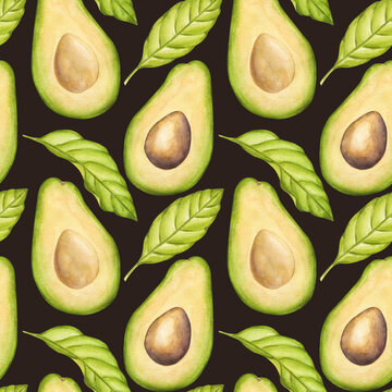 Seamless pattern avocado half fruit with seed, green leaves. Vegetable clipart. Vegan dietary food painting. Hand drawn watercolor illustration background Botanical design for printing