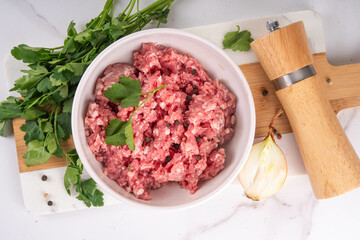 Raw fresh uncooked minced pork, beef, lamb meat - 768831701