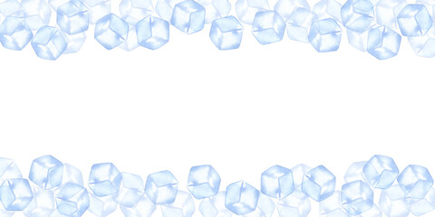 Ice cubes banner frame. Cristal blue transparent for drinks, cocktails. Hand drawn watercolor illustration isolated on white background. Design element for bar and restaurant menu, recipes, flyers