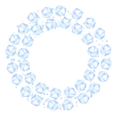 Ice cubes round wreath frame. Cristal blue transparent for drinks, cocktails. Hand drawn watercolor illustration isolated on white background. Design element for bar restaurant menu, recipes, flyers
