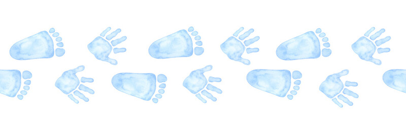 Seamless border little blue palm, handprint, footprint. Baby shower, gender reveal party, design invitation. Boy or girl. Hand drawn watercolor illustration isolated background. For family surprise
