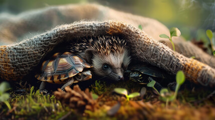 Naklejka na ściany i meble A hedgehog and turtle share a quiet moment under a warm blanket, symbolizing companionship and comfort in a woodland setting