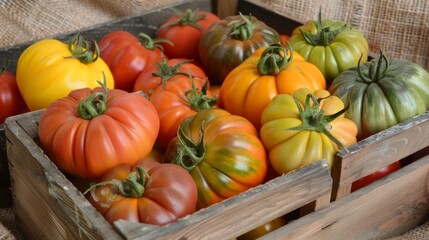 Fototapeta na wymiar Colorful Tomato Varieties in Wooden Crate