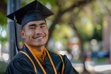 Young happy university graduate in graduation gown and cap in the college campus