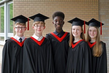 diverse graduation students in academic cap and gown. Graduate party celebration