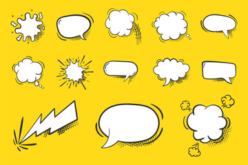 Big set of cartoon, comic speech bubbles, empty dialogue clouds with halftone dotted background in pop art style. Vector illustration for comics, social media banners, promotional materials
