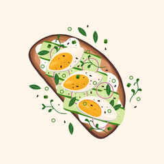 Tasty bruschetta with cucumbers, eggs and onion