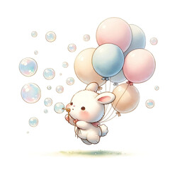 Naklejka premium Bunny with Balloons and Soap Bubbles Illustration 