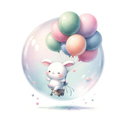 Naklejka premium Bunny Skateboarding with Balloons in Hand 