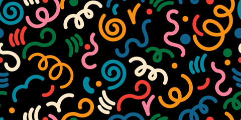 Colorful line doodle seamless pattern. Creative background for trendy design with basic shapes